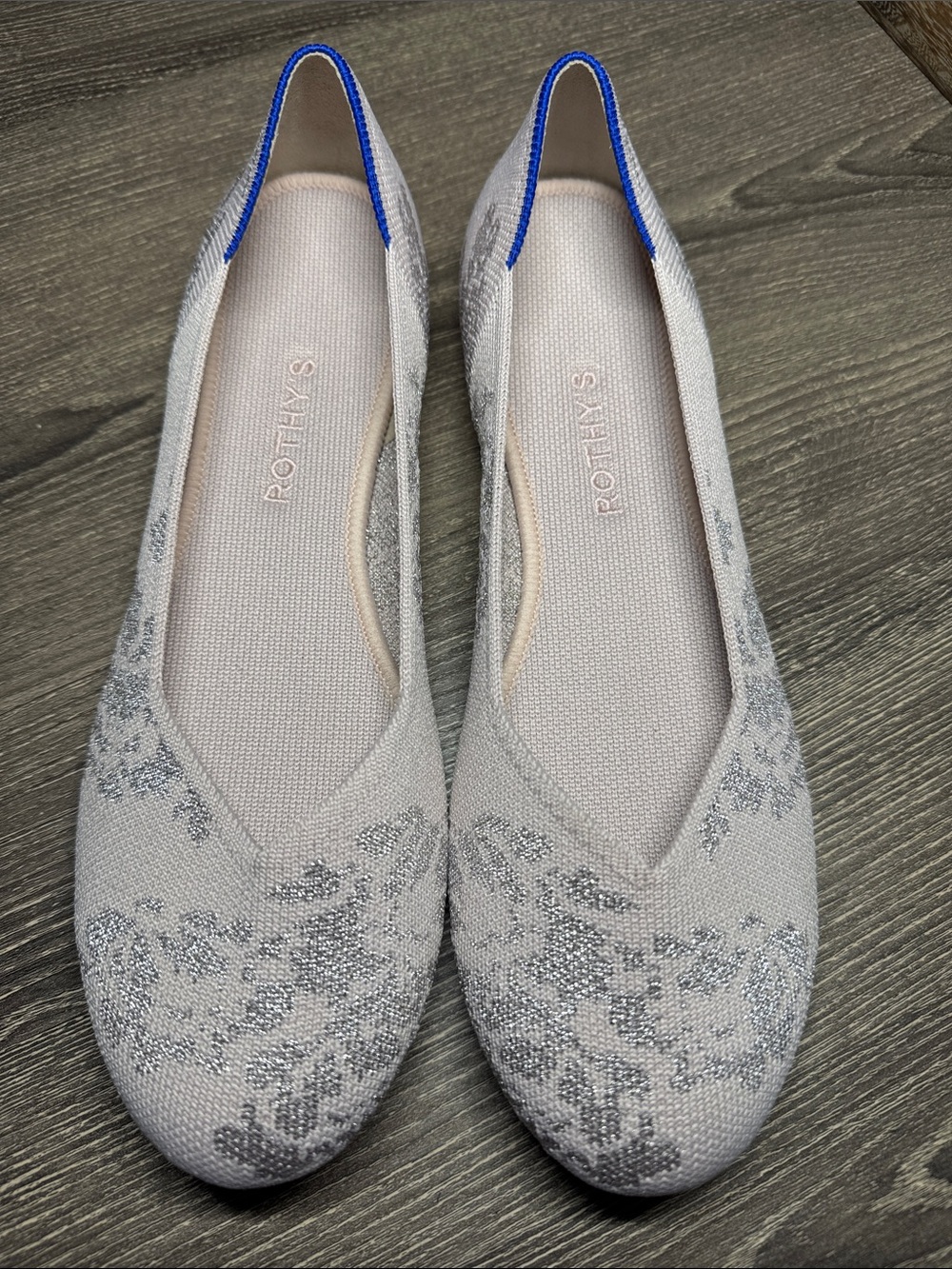 Rothy’s Light Pink Knit Floral Ballet Flats with Blue Trim